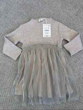 Zara Kids Taupe Knit Dress with Tulle Skirt